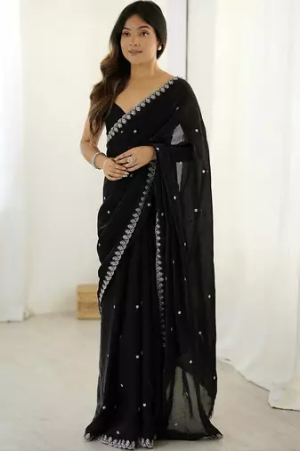 Black ethnic motifs embroidered bagh saree