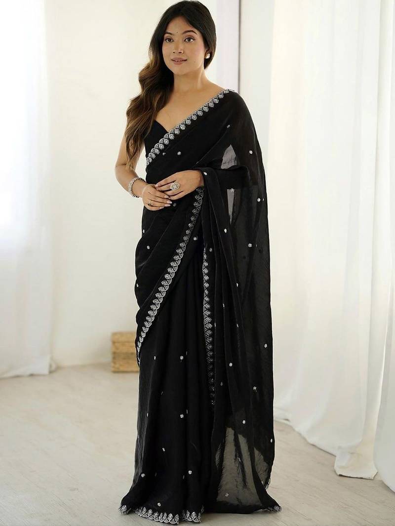 Black ethnic motifs embroidered bagh saree