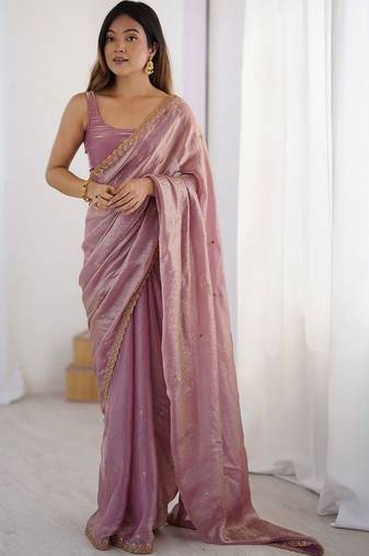 Lavender ethnic motifs embroidered bagh saree