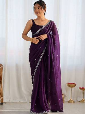 Purple ethnic motifs embroidered bagh saree 1