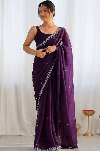 Purple ethnic motifs embroidered bagh saree