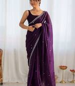 Purple ethnic motifs embroidered bagh saree