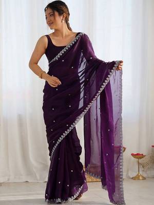 Purple ethnic motifs embroidered bagh saree 2