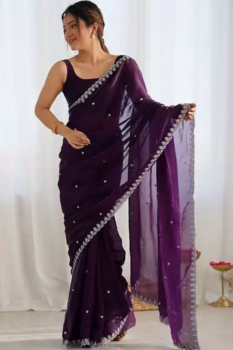 Purple ethnic motifs embroidered bagh saree