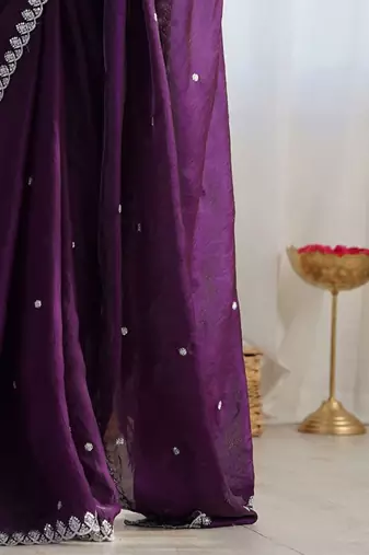 Purple ethnic motifs embroidered bagh saree