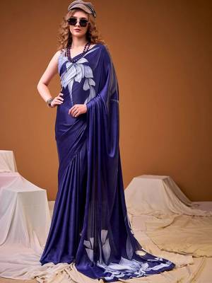 Navy blue floral satin designer saree 1