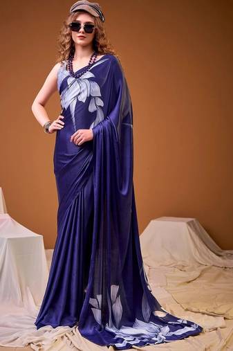Navy blue floral satin designer saree
