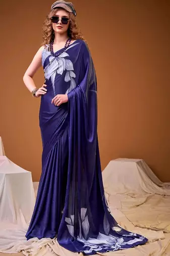 Navy blue floral satin designer saree