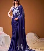 Navy blue floral satin designer saree