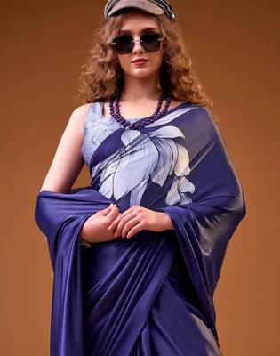 Navy blue floral satin designer saree 2