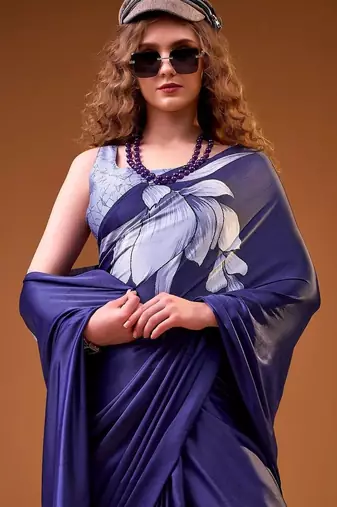 Navy blue floral satin designer saree
