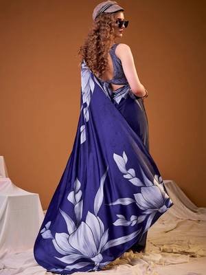 Navy blue floral satin designer saree 3