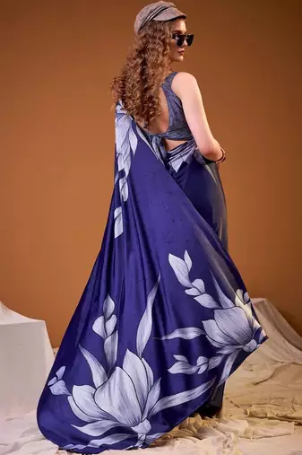 Navy blue floral satin designer saree