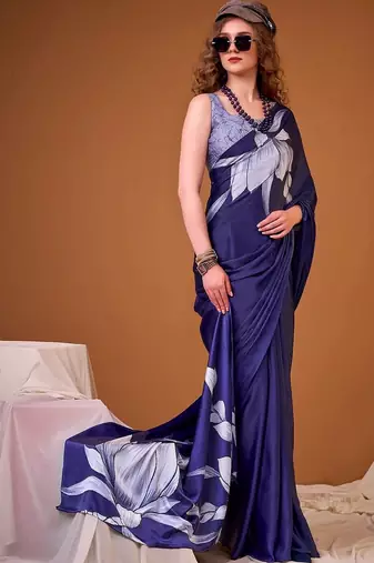 Navy blue floral satin designer saree