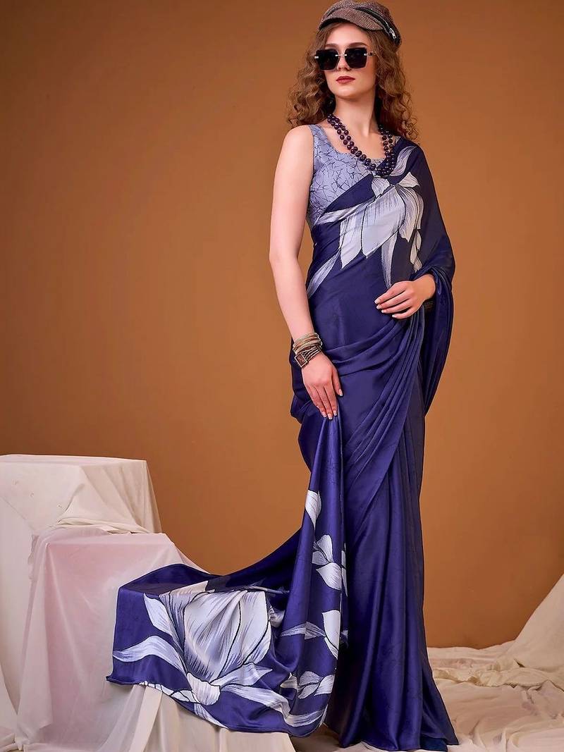 Navy blue floral satin designer saree