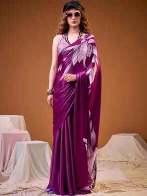 Purple floral satin fusion saree 1