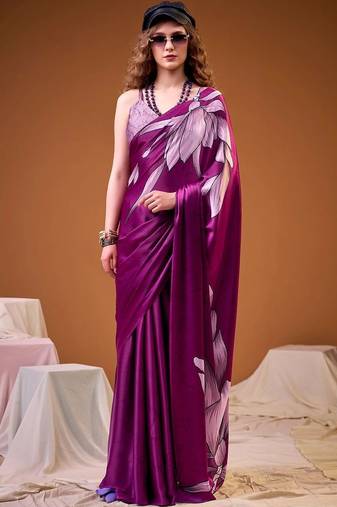 Purple floral satin fusion saree