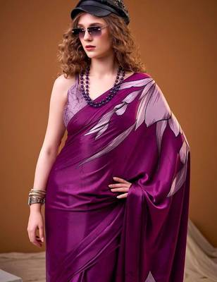 Purple floral satin fusion saree 2
