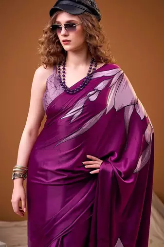 Purple floral satin fusion saree