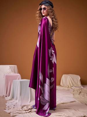 Purple floral satin fusion saree 3