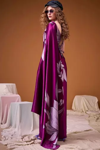 Purple floral satin fusion saree