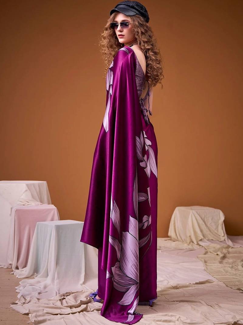 Purple floral satin fusion saree