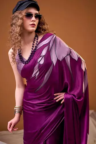 Purple floral satin fusion saree