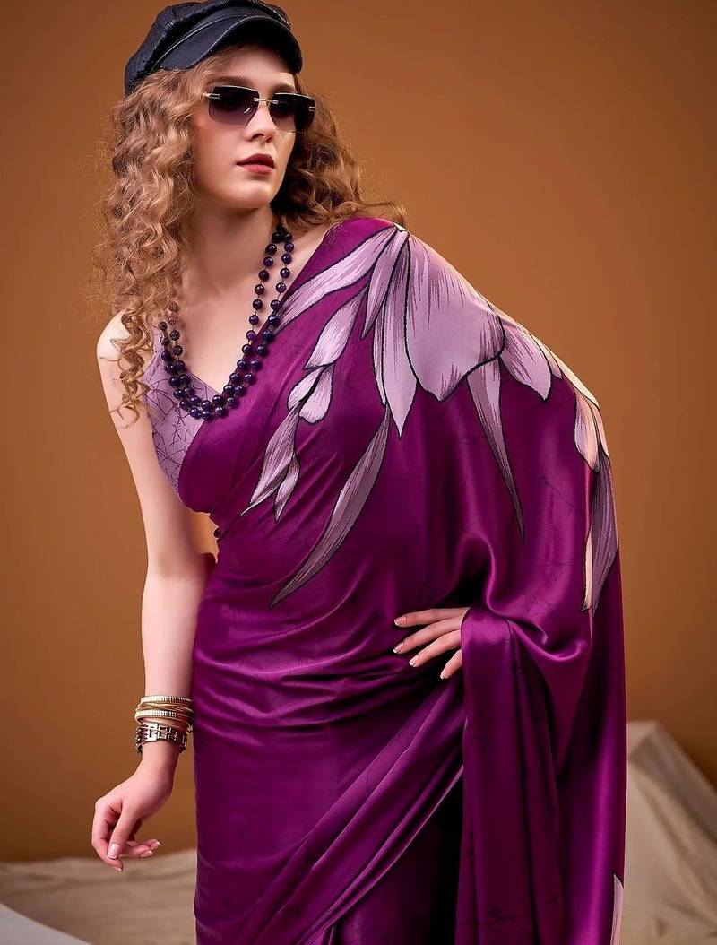Purple floral satin fusion saree