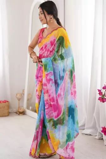 Multicolor tie and dye mirror work poly georgette saree