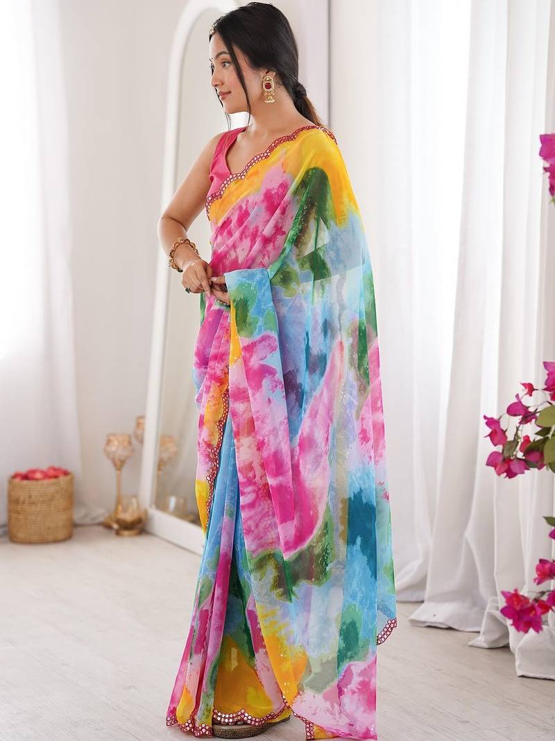 Multicolor tie and dye mirror work poly georgette saree