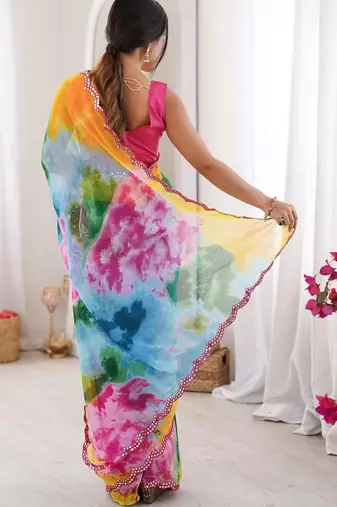 Multicolor tie and dye mirror work poly georgette saree