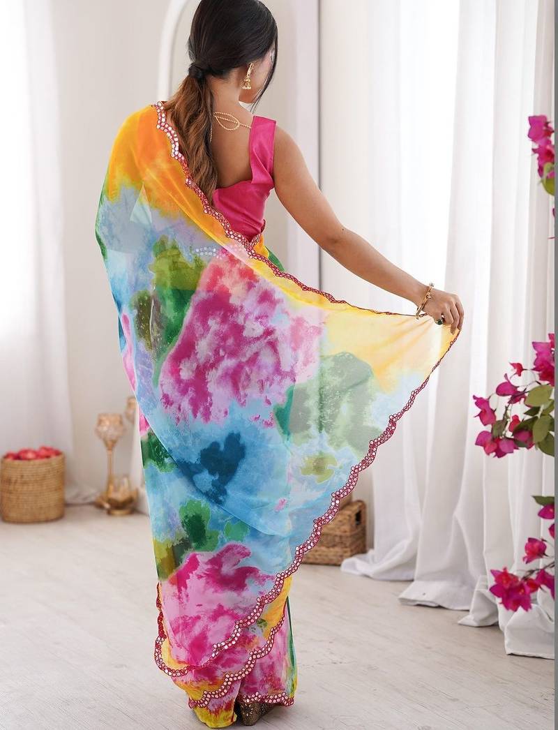 Multicolor tie and dye mirror work poly georgette saree