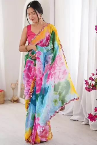 Multicolor tie and dye mirror work poly georgette saree