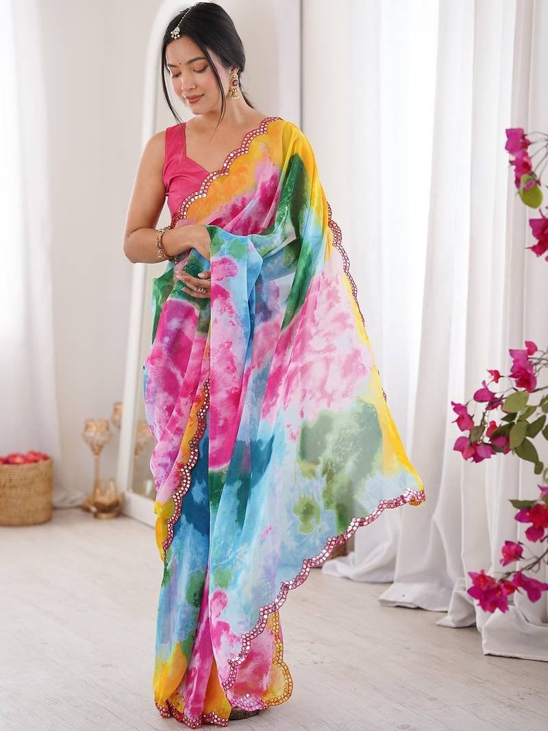 Multicolor tie and dye mirror work poly georgette saree