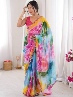 Multicolor tie and dye mirror work saree 1
