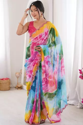 Multicolor tie and dye mirror work saree
