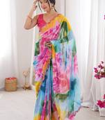Multicolor tie and dye mirror work saree