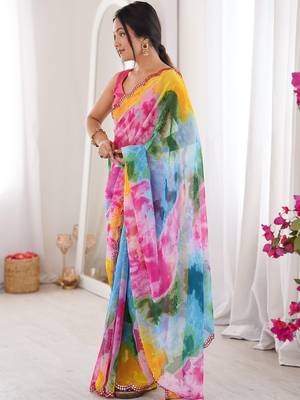 Multicolor tie and dye mirror work saree 2
