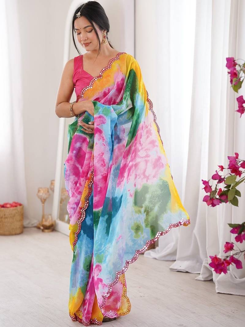 Multicolor tie and dye mirror work saree