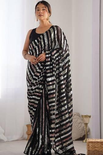 Black embellished sequinned heavy work saree