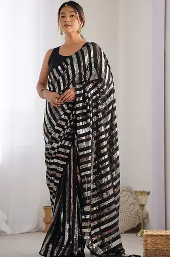 Black embellished sequinned heavy work saree
