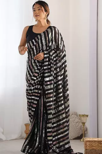 Black embellished sequinned heavy work saree
