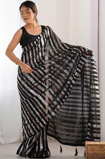 Black embellished sequinned heavy work saree