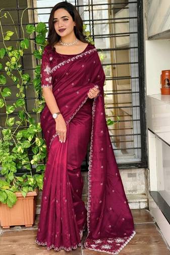 Maroon floral embroidered designer tussar saree