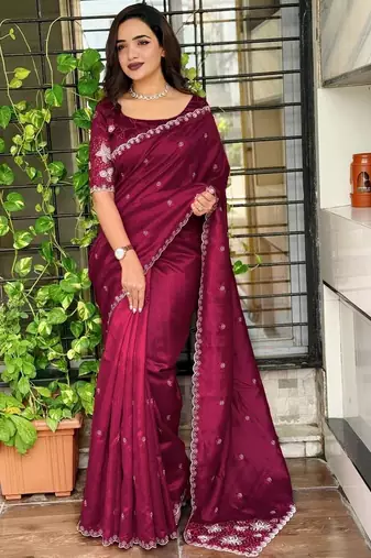 Maroon floral embroidered designer tussar saree