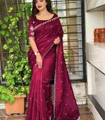 Maroon floral embroidered designer tussar saree