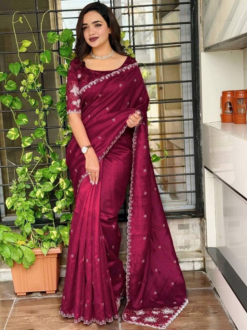 Maroon floral embroidered designer tussar saree