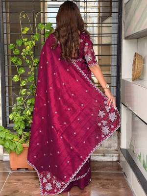 Maroon floral embroidered designer tussar saree 2
