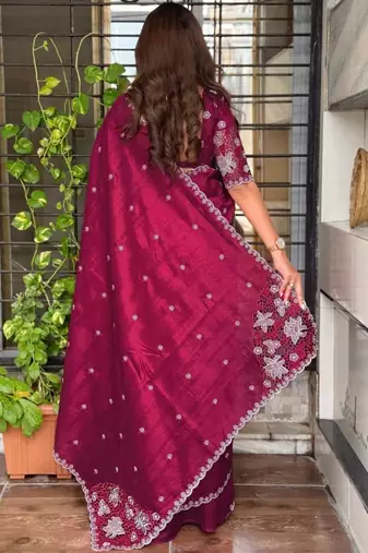 Maroon floral embroidered designer tussar saree