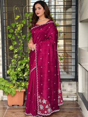 Maroon floral embroidered designer tussar saree 3